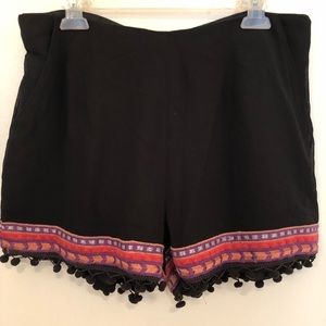 Black embroidered fringe shorts